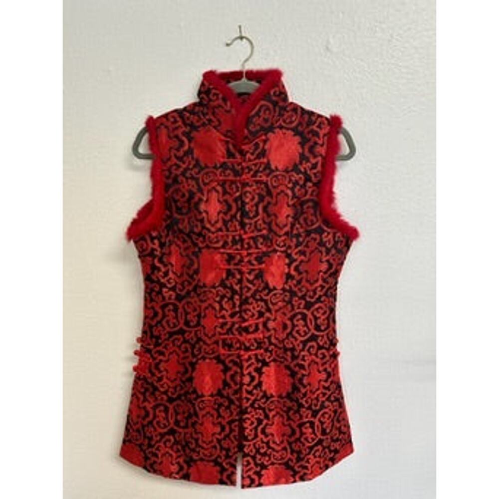 Black Red Brocade Traditional Chinese Fur Trim Long Vest Medium Large